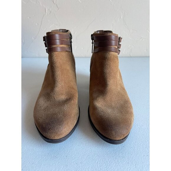 Clarks Size 6 Cognac Brown Leather Suede Ankle Booties Burnished Toe Block Heel - Picture 5 of 7